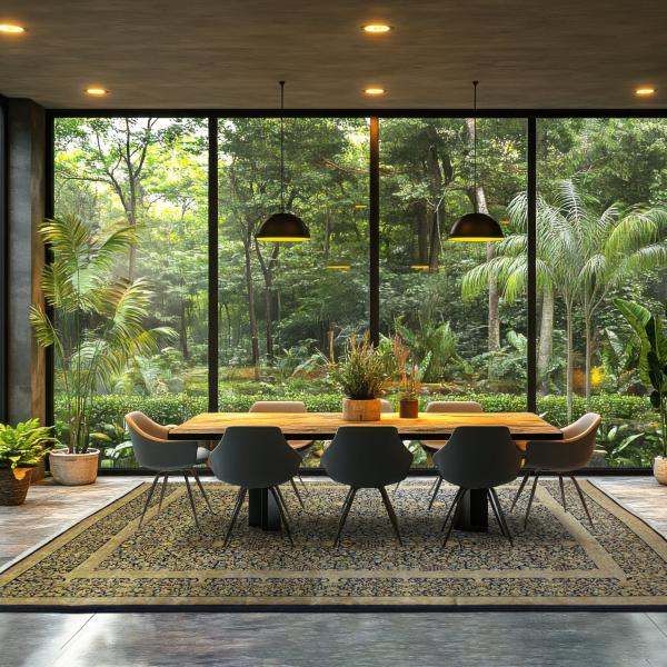 Salle à manger moderne avec de grandes fenêtres panoramiques et un élégant tapis oriental en bleu-be